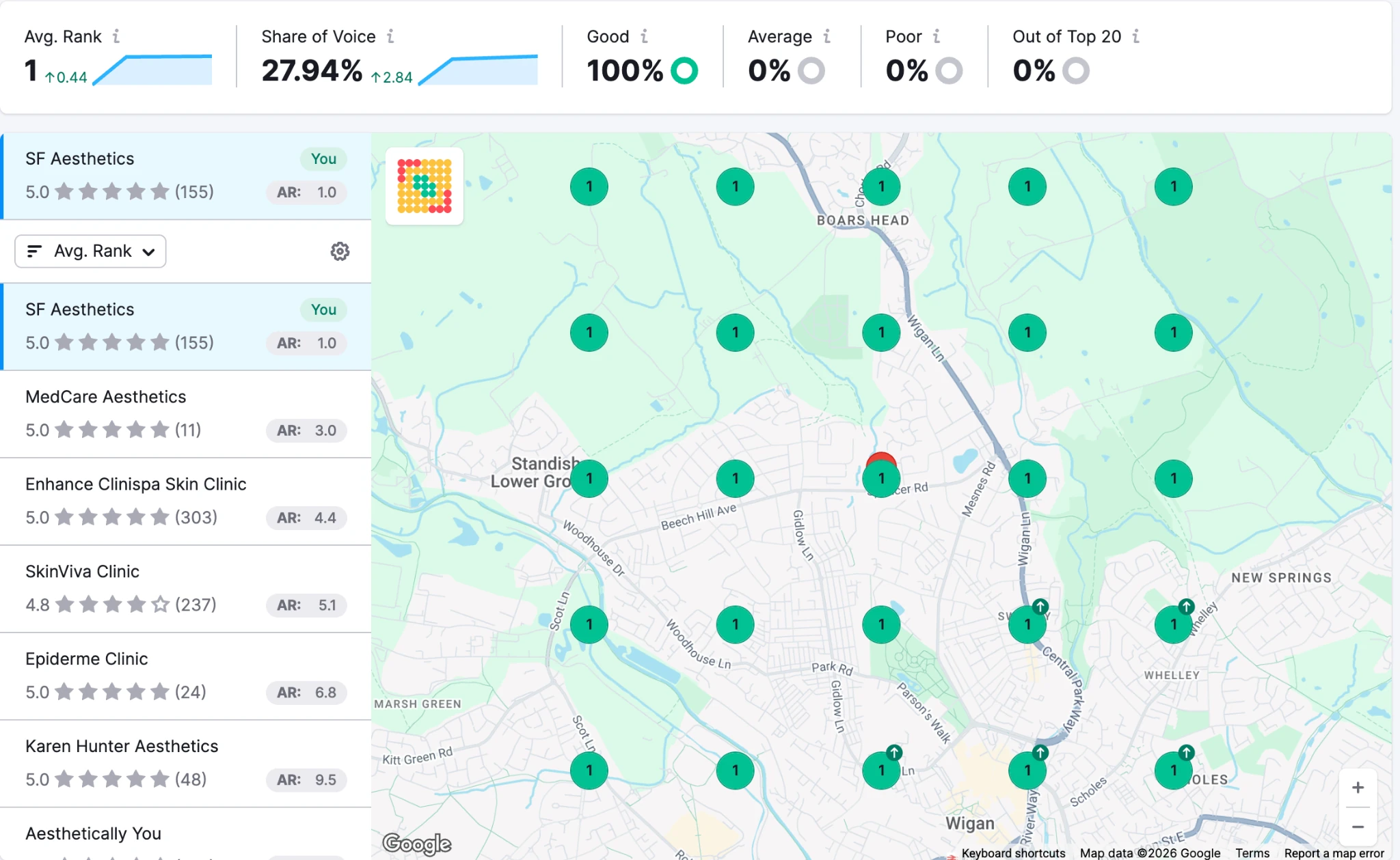 SF Aesthetics in Wigan ranked number one in the local map pack, achieved with Inject Digital